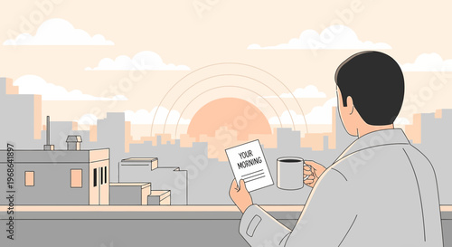 Man Holding Coffee and Note with "YOUR MORNING" Text, Sunrise Over City Skyline
