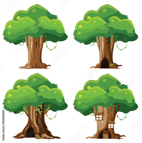   
Illustrated trees with lush green canopies trunks hollows vines treehouse fantasy nature forest environment botanical landscape design flat vector