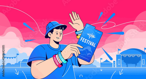 Man holding festival flyer, waving, wearing wristbands, music event concept