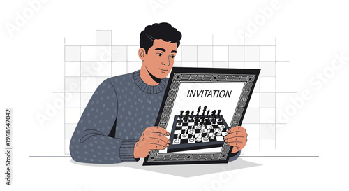 Man Holding Framed Chessboard with "INVITATION" Text