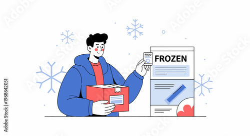 Man Holding Frozen Food Package with Snowflakes