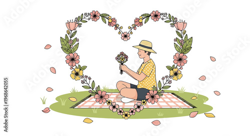 Man Holding Flowers in Heart Frame Picnic Scene