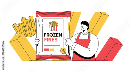 Man Holding Frozen Fries Packaging Surrounded by Abstract Shapes and Fries