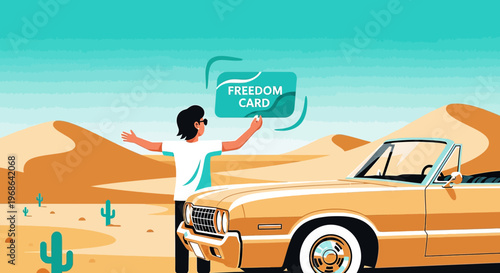 Man Holding Freedom Card in Desert Near Vintage Convertible Car