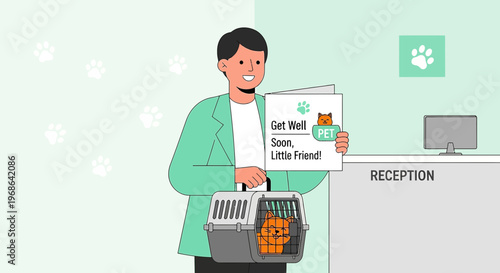 Man Holding Get Well Card and Pet Carrier at Veterinary Reception