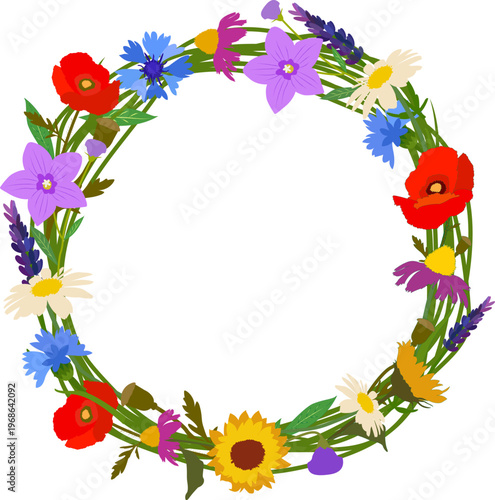 Wildflower Floral Wreath with Chamomile, Poppy, Cornflower, Sunflower and Lavender Isolated on White