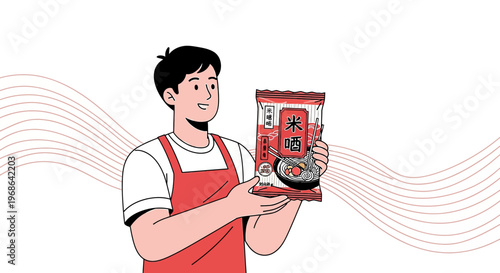 Man holding instant noodle pack, food product advertising, Asian cuisine