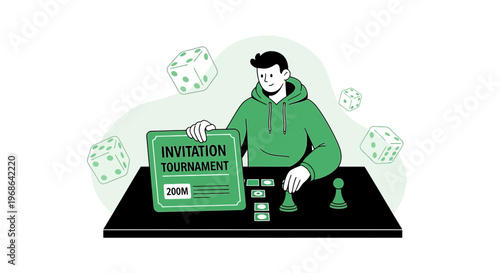 Man Holding Invitation Tournament Sign with Dice and Game Pieces