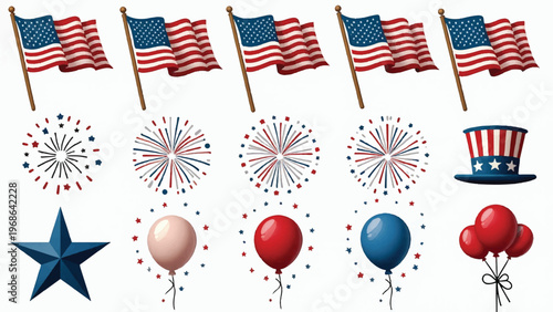 Patriotic icons, American flags, fireworks, balloons, 4th of July symbols, USA independence day elements, vector graphics