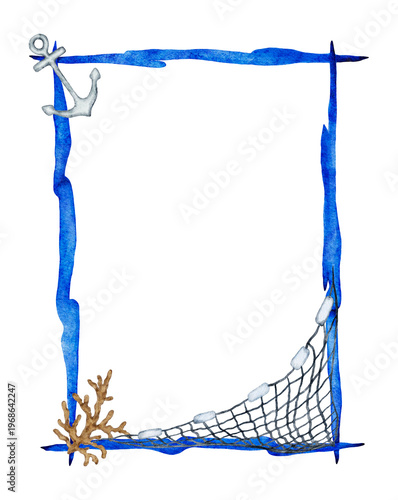 Rectangular frame watercolor illustration with uneven blue painted border, small gray anchor at top corner, fishing net with floats at bottom, and brown coral detail. Soft brush texture and marine ele