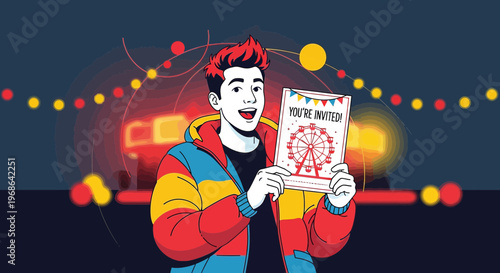 Man Holding Invitation for Carnival Event with Ferris Wheel Illustration