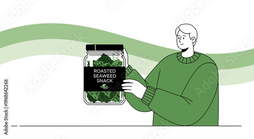 Man Holding Jar of Roasted Seaweed Snacks, Healthy Food Concept
