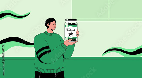 Man Holding Jar of Seaweed Product, Healthy Food Concept, Flat Design