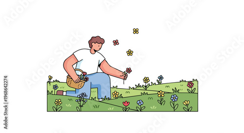 Illustration of a person gathering colorful wildflowers in a meadow with a basket
