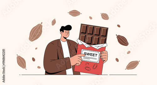 Man Holding Large Chocolate Bar Surrounded by Cacao Pods and Sweet Sign