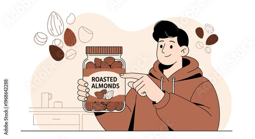 Man Holding Jar of Roasted Almonds, Healthy Snack Concept