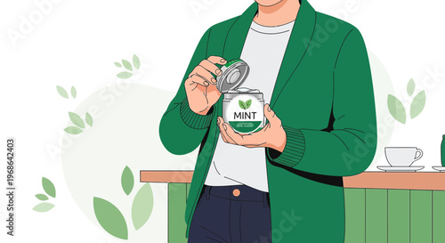 Man Holding Open Mint Tin, Refreshment Concept, Greenery and Leaves