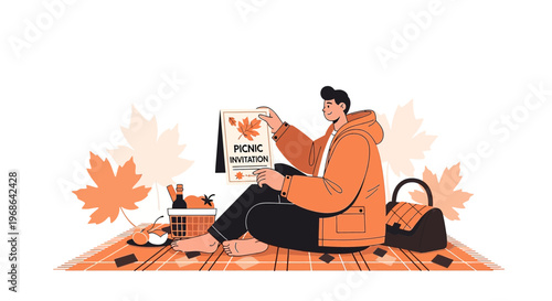 Man Holding Picnic Invitation Card Surrounded by Autumn Leaves and Picnic Basket