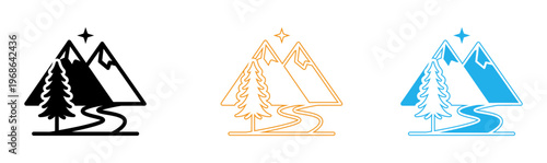 Mountain landscape icons with pine tree and river in black, Gold, And blue color schemes for outdoor and travel branding