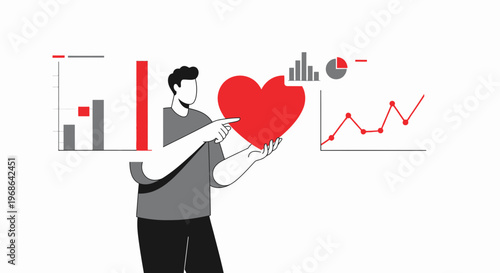 Man Holding Red Heart with Business Charts and Graphs