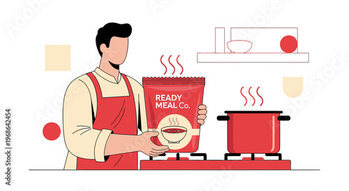 Man Holding Ready Meal Pouch Next to Cooking Pot on Stove