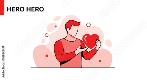 Man Holding Red Heart Symbol, Love, Care, Hero Concept Illustration