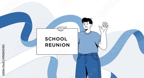 Man Holding School Reunion Sign Waving Hello