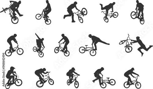 Black silhouettes of BMX riders performing freestyle tricks stunts jumps flips balancing dynamic movements extreme sports cycling illustration flat vector