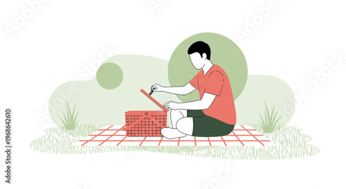 Man Having Picnic Outdoors, Opening Picnic Basket, Summer Leisure Activity Illustration