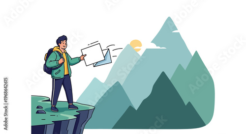 Man hiker with backpack on mountain cliff holding blank cards, adventure concept