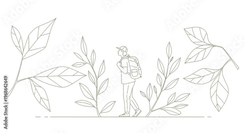 Man Hiking Among Botanical Line Art, Outline Nature Scene