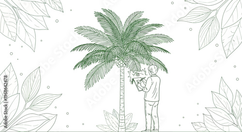 Man Harvesting Coconuts from Palm Tree - Botanical Line Art Illustration