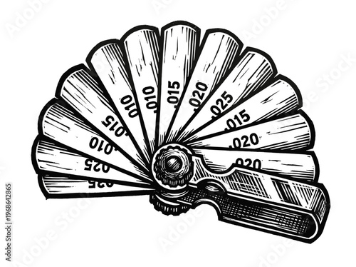 Vintage Feeler Gauge Thickness Measuring Tool Engraving Illustration Black and White Line Art