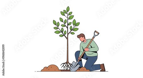 Man Planting a Young Tree in the Ground with a Shovel