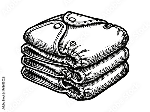 Vintage Cloth Diaper with Safety Pins Engraving Illustration Black and White Line Art