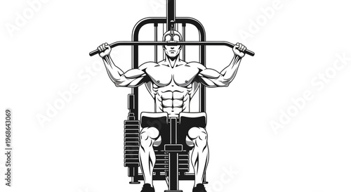 Muscular man working out on gym equipment.