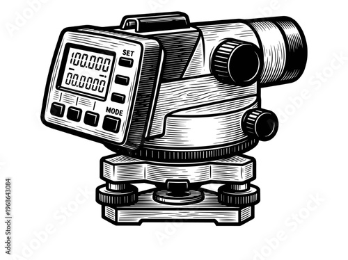 Vintage Digital Theodolite Surveying Instrument Engraving Illustration Black and White Line Art