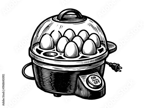 Vintage Electric Egg Cooker Engraving Illustration Black and White Line Art