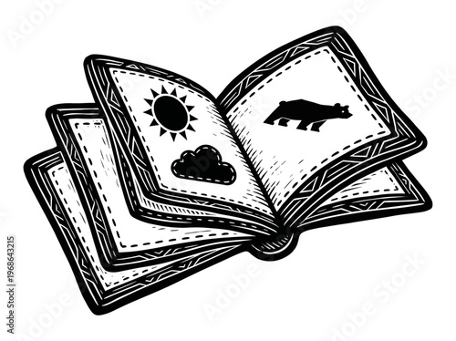 Vintage Baby Fabric Books Engraving Illustration Black and White Line Art