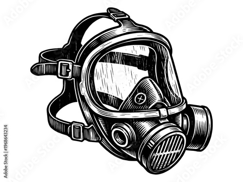 Vintage Face Mask Engraving Illustration Black and White Line Art