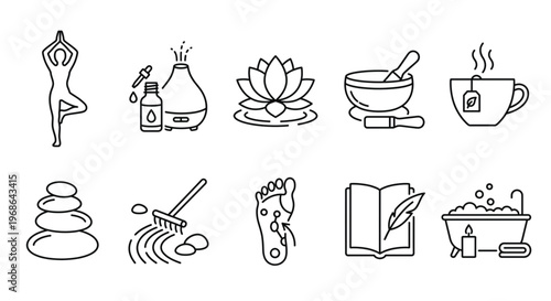 Wellness Spa and Zen Meditation Minimalist Line Icon Set.