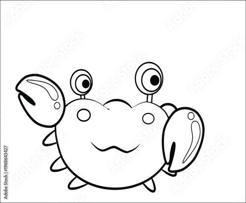 A simple black and white line art drawing of a cute little crab for children to color in today