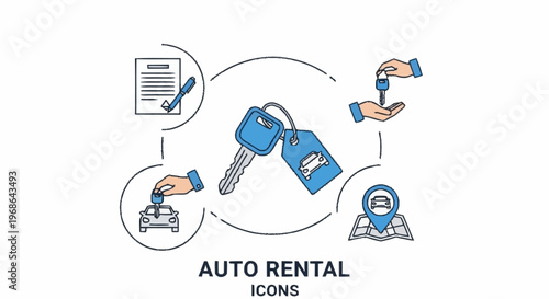 Auto Rental Icons - Car Keys, Contract, and Location Services.