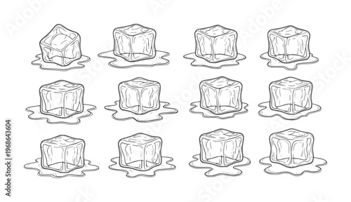 Twelve melting ice cubes in a grid pattern with liquid puddles