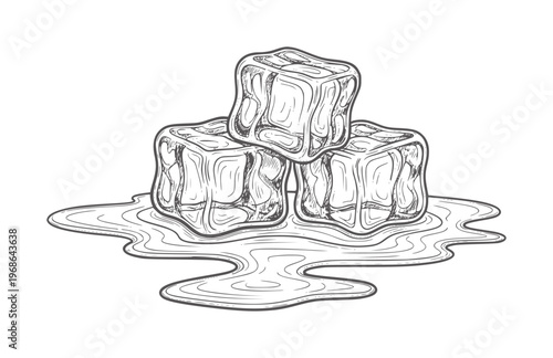 Three melting ice cubes in a puddle of water