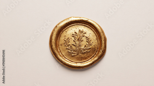 Golden Emblem of Elegance: A close-up shot of a meticulously crafted gold wax seal, bearing an intricate emblem of nature, evoking a sense of heritage and refined quality.