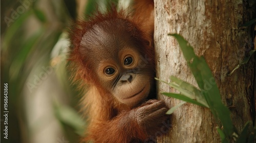Baby orangutan clings to a tree in a safe place.