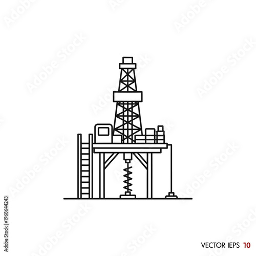 Offshore oil drilling rig platform with derrick and drill.