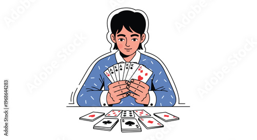 Young Man Playing Poker Card Game Holding Hand of Cards