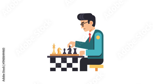 Flat illustration of a focused man playing chess game